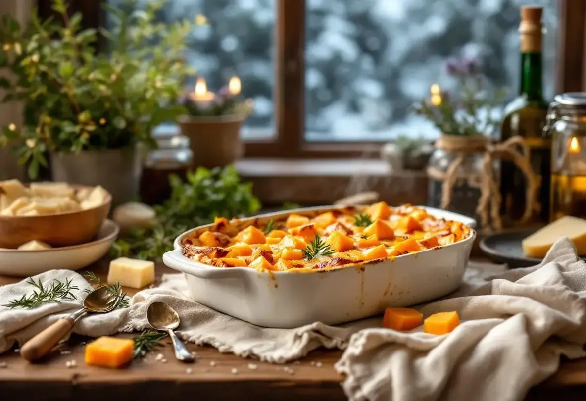 ओवन में बना बटरनट ग्रैटिन ताज़े चीज़ के साथ : हल्की‑सी मलाईदार मिठास, ताज़ी जड़ी‑बूटियाँ और क्रीम से सुकून भरी सर्दियों की शामें