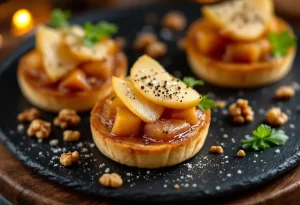 मिनी टाटिन फ़्वा ग्रा : रम में कारमेलाइज़्ड बेहद मुलायम सेब, पेन द'épices के क्रिस्पी टॉस्ट पर