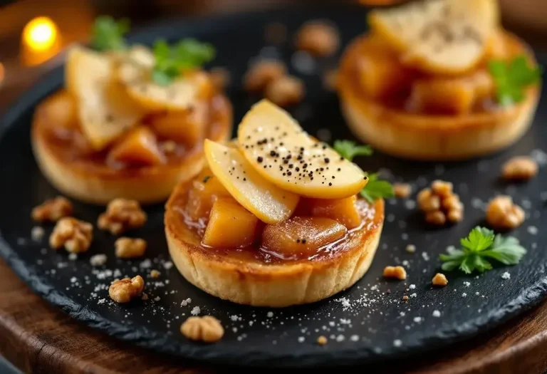 मिनी टाटिन फ़्वा ग्रा : रम में कारमेलाइज़्ड बेहद मुलायम सेब, पेन द'épices के क्रिस्पी टॉस्ट पर