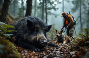 एक शिकारी ने शिकार के दौरान शिकारी कुत्ते को घायल करने के बाद करीब 180 किलो का जंगली सूअर मार गिराया